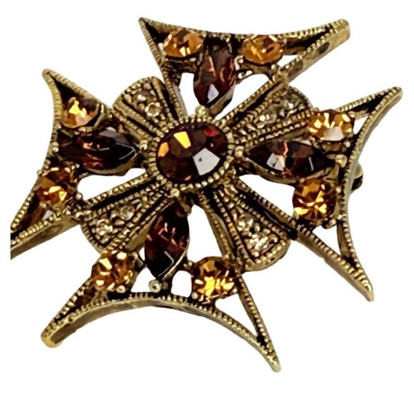 VTG Austrian Crystal Maltese Cross Brooch 1.5" Pin Gold Tone Cottagecore - Picture 2 of 11